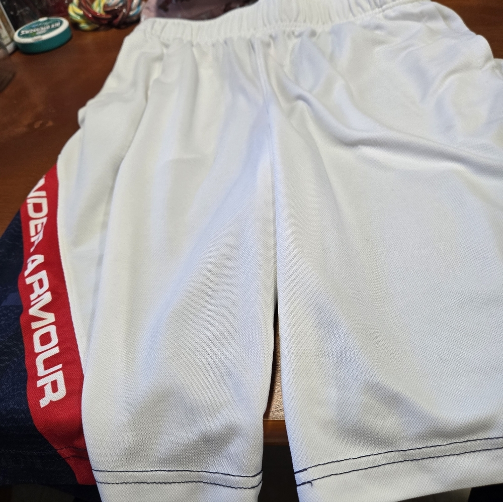 Under Armour White And Blue Shorts with Red Logo Size Med